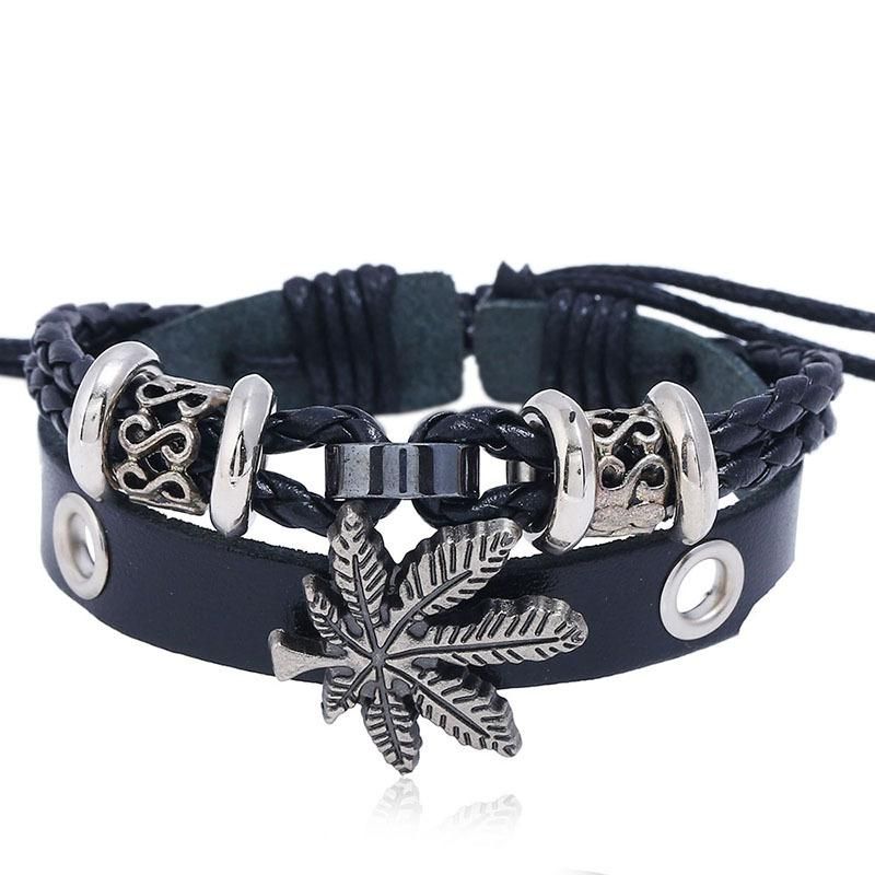 Alloy Maple Leather Beaded Bracelet For Men