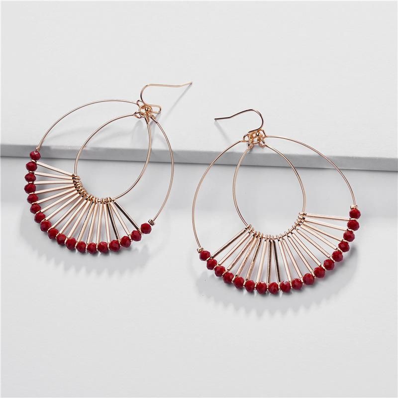 Jewelry Earrings Copper Wire Double Drop Glass Crystal Beads Fan-shaped Female Earrings