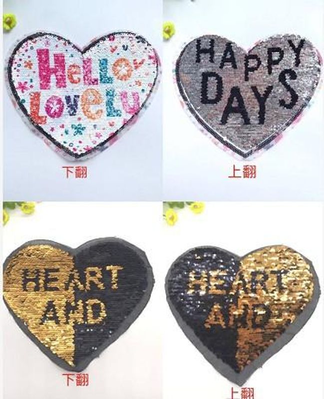 New Color Changing Beads Embroidery Cloth Stickers Flip Double-sided Sequin Embroidery Chapter Peach Heart English Patch Stickers