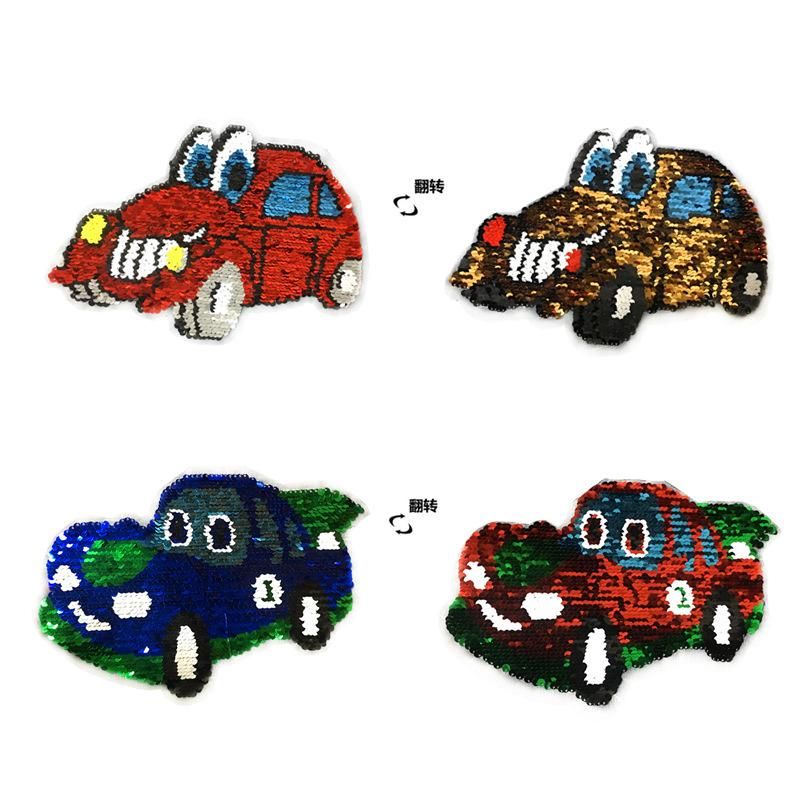 Lentejuelas Flip Cartoon Car Lentejuelas Ropa Para Niños Suéter Decoración Pegatinas Bordado Capítulo Parche De Color Degradado De Doble Cara