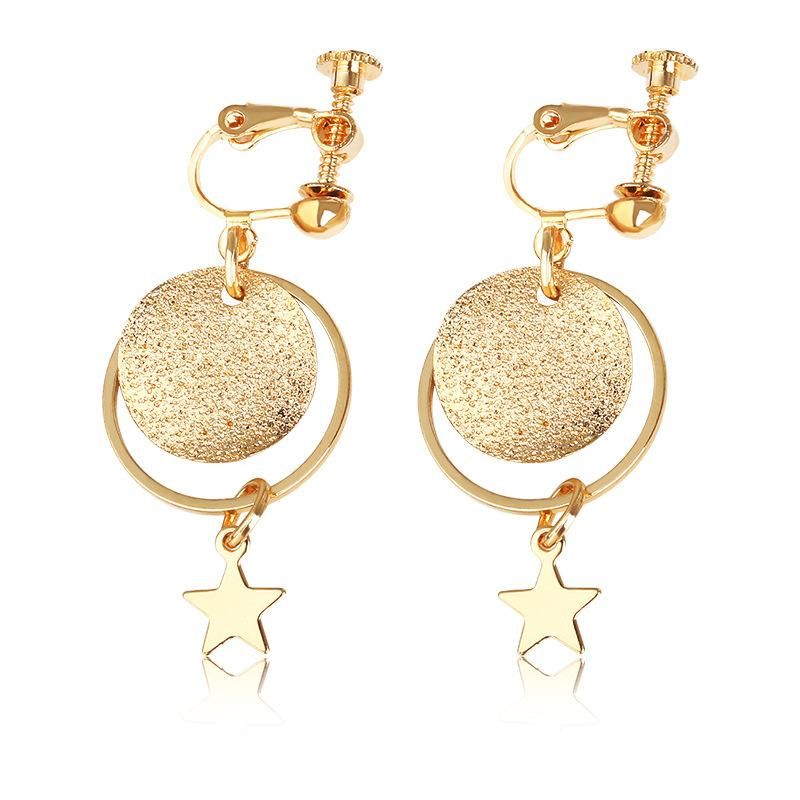 Handmade Glitter Frosted Pentagram Star Earrings Geometric Circle Long Earrings Ear Clips Wholesale