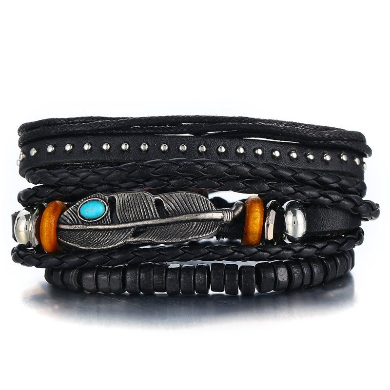 Europe Et En Amérique Croix Frontière Nouveau Noir Hommes En Cuir De Bracelet Creative Plume Incrusté Turquoise Bracelet Ensemble Trois-pièce Ensemble