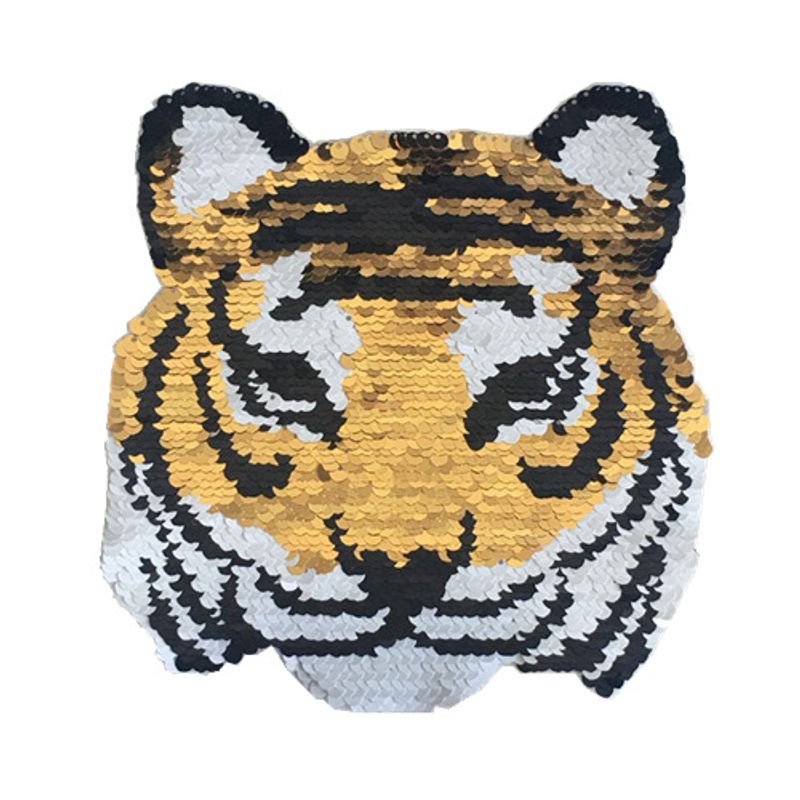 Tiger Double-sided Sequin Cloth Stickers Tiger Head Flip Color Change Sequins Cartoon Animal Cloth Stickers Bag Accessories