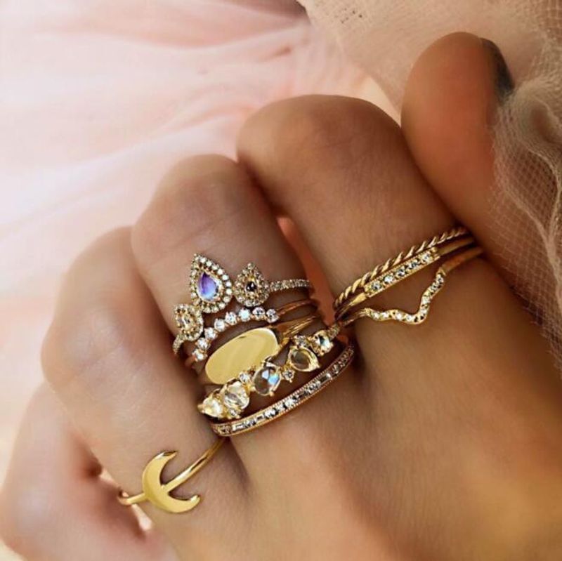 2019 Europe And America Cross Border New Retro Gold Diamond Moon Gem Color 9-piece Set Combined Ring Set Ring