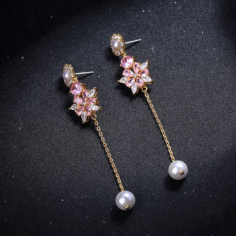 925 Silver Needle Long Flower Zircon With Diamond Pearl Eardrops Stud Earrings Female Japanese And Korean Style Slim Face Earrings Me00126
