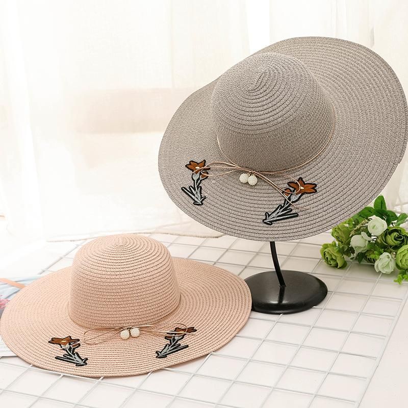 Fashion Korean Ladies Embroidery Big Beach Straw Hat Xb190412116991