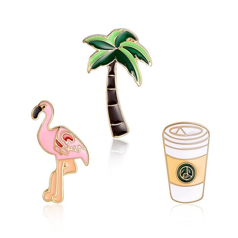 Europäische Und Amerikanische Persönlichkeit Tropische Flamingo Kokospalmen Kaffeetasse Kombination Paket Schnalle Mode Abzeichen Fabrik Direkt Vertrieb