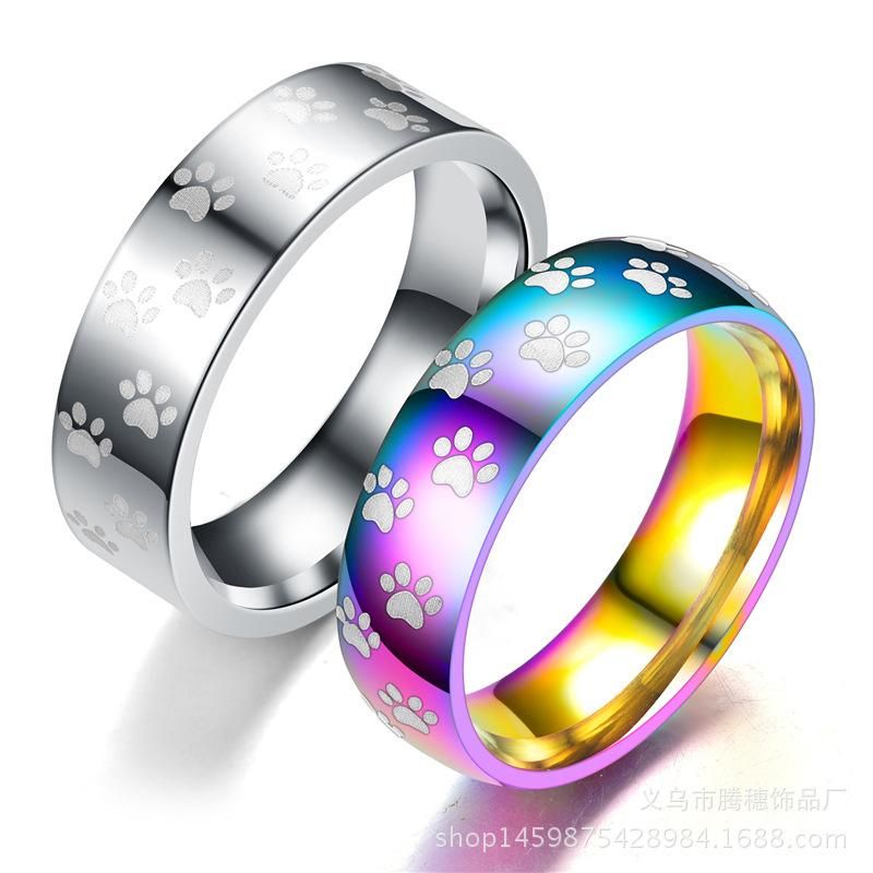 Europäische Und Amerikanische Mode Bunte Schillernde Regenbogen Silber Ring Fußabdruck Ring Vier Klauen Bär Haunted Fußabdruck Ring