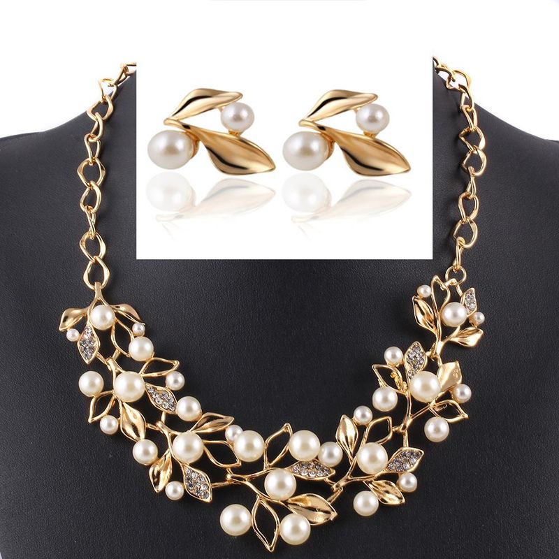 Womens Electroplating Alloy Imitated Crystal Leaf Jewelry Set Sweater Necklace Pj190422118737