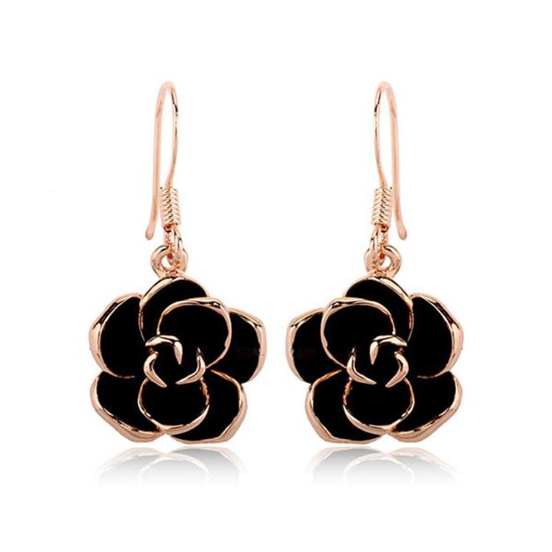 Womens  Fashion Black Rose Floral Plating Alloy Earrings Lj190429119868