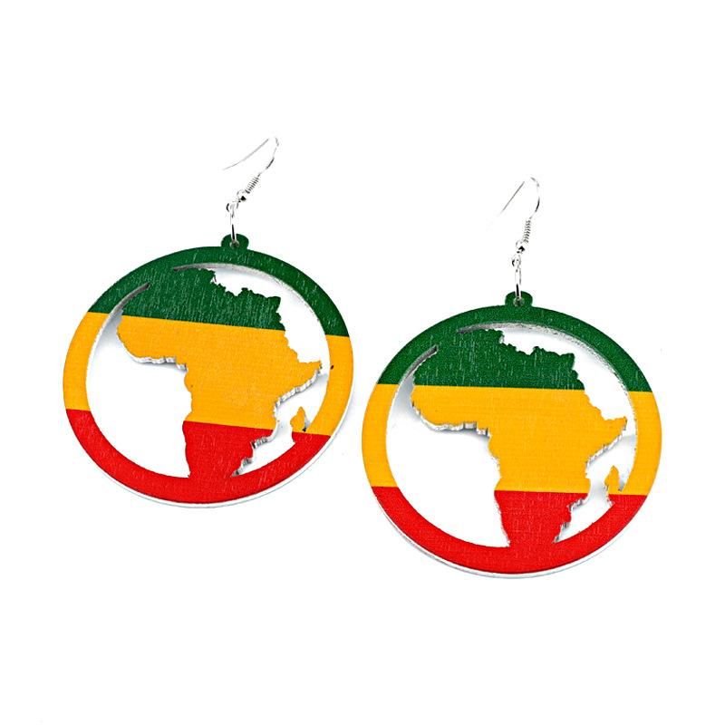 Womens Geometric Creative African Round Multicolored Map  Wood Earrings Go190430120028
