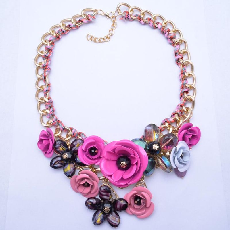 Womens Floral Inlay Imitated Crystal Alloy Flower Necklaces Nhjq122807