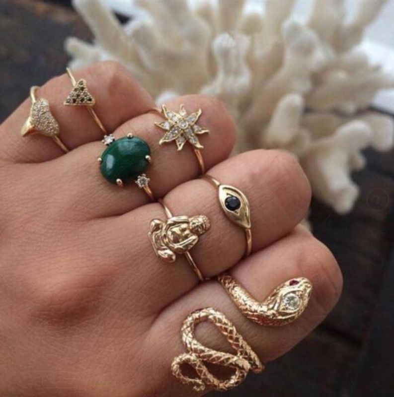 Außenhandels Schmuck Persönlichkeit Kreatives Porträt Lotus Dreieck Türkis Serpentiner Ring 5-teiliges Set