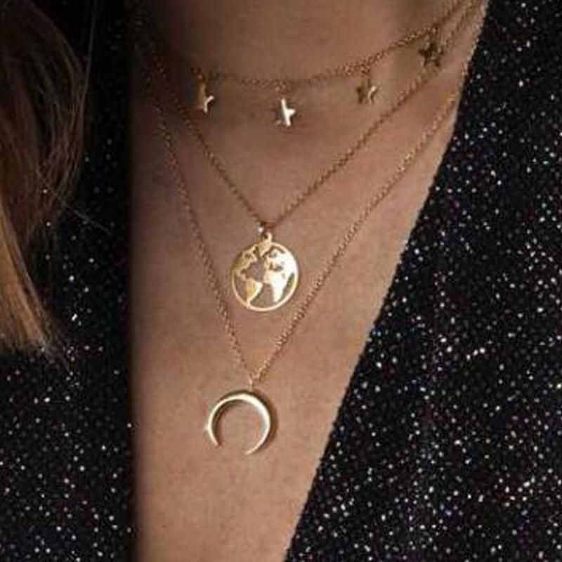 Souhaite  Nouveaux Accessoires Européen Et Américain De Mode Corne Lune Xingx Carte Pendentif Multi-couche Alliage Collier