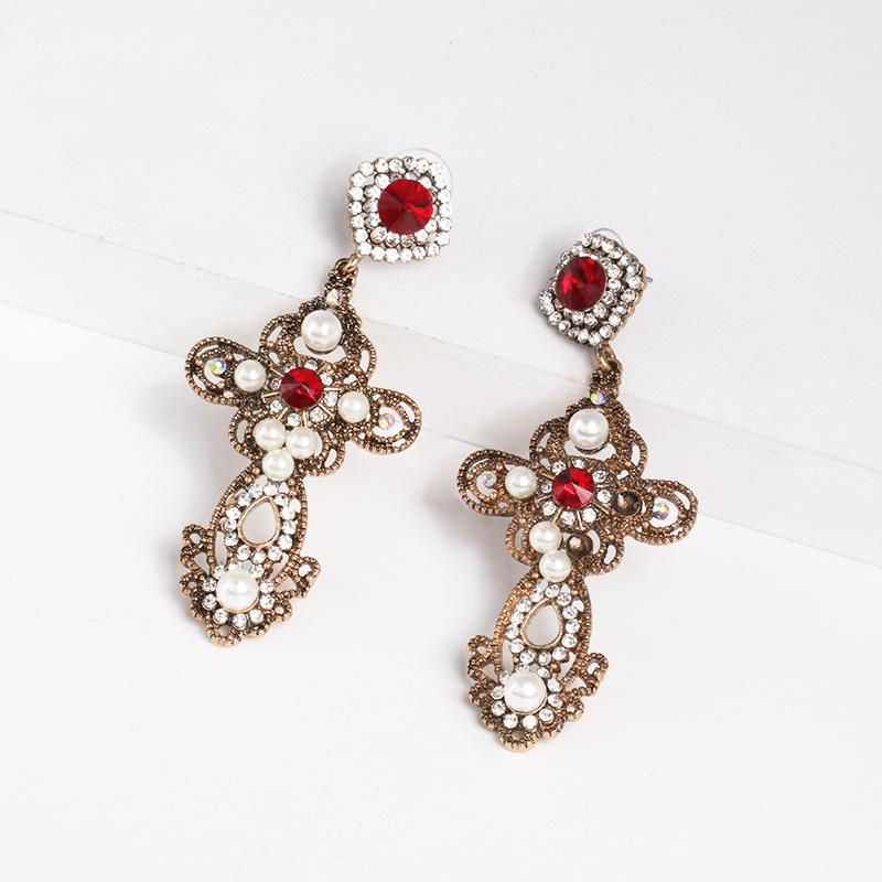 Womens Cross Rhinestone Alloy Earrings Nhjj124307