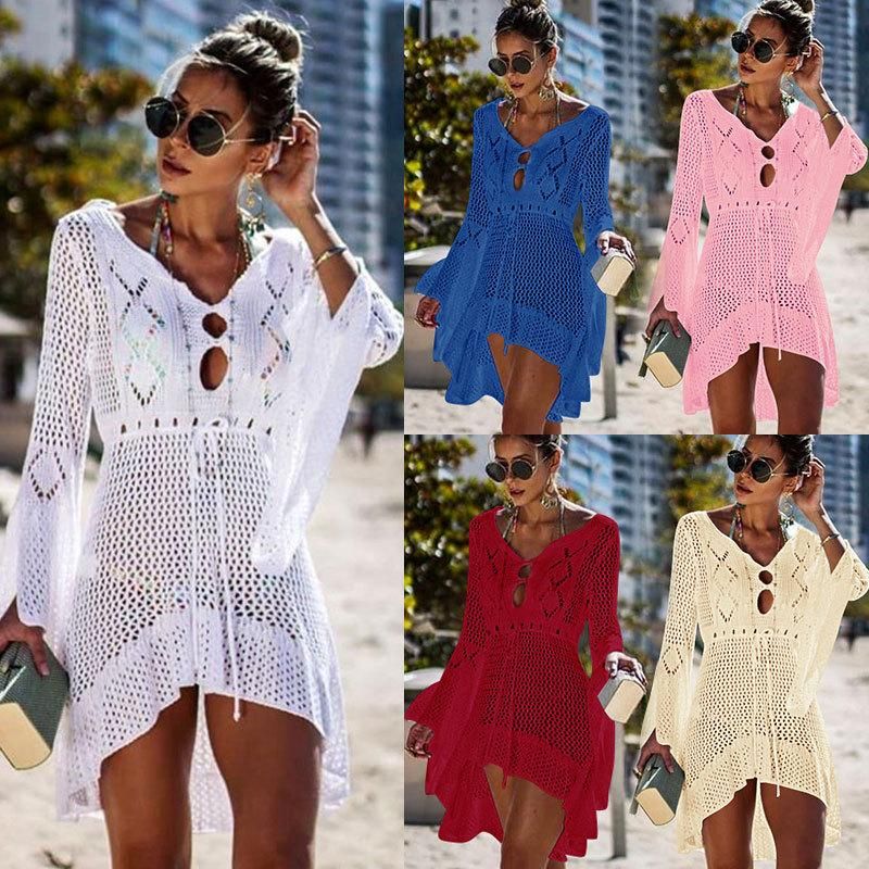 European And American New Hollow-out Knitted Dress Bell Sleeve Beach Jacket Sexy Bikini Blouse Sun Protection Clothing Swimsuit Outwear