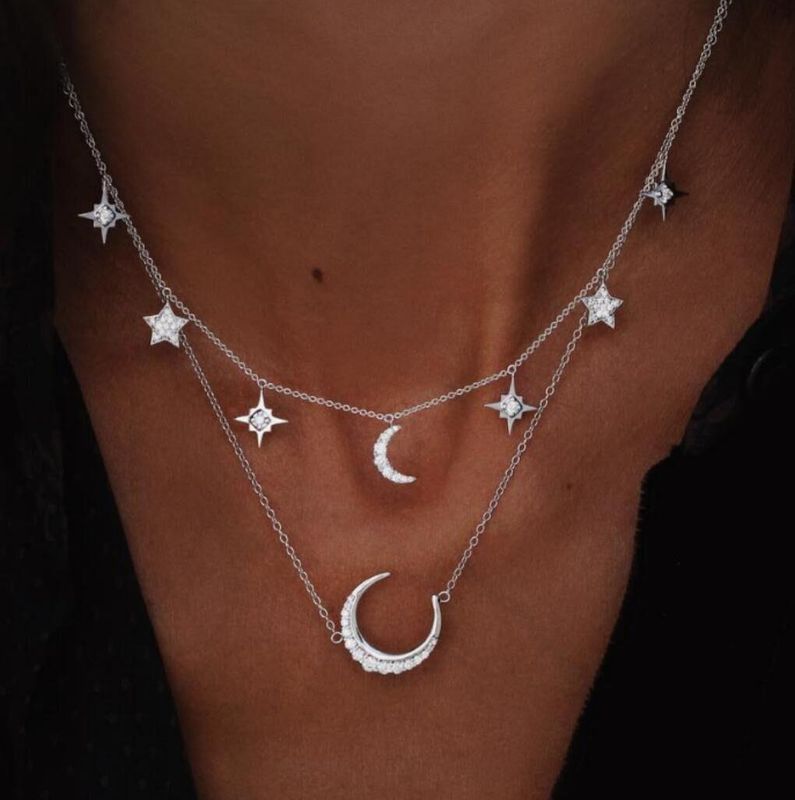 Personalidad De La Moda Lleno De Diamantes De Cinco Puntas Estrella Luna Collar De Múltiples Capas Nhpj128314