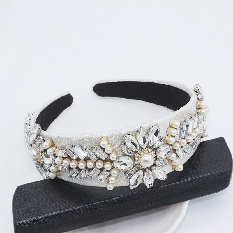 Fashion Full Rhinestone Beads White Leaves Geometric Simple Headband Nhwj128423