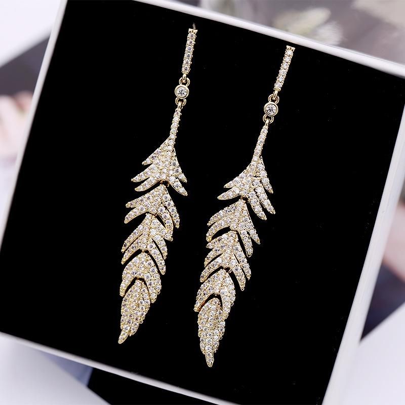 Fashion Micro-inlaid Zircon Feather Earrings Nhdo128944