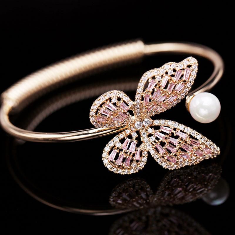 Nouvelle Mode Japonaise Et Coréenne Main Anneau Ouvert Réglable Bracelet Femelle Rose Zircon Creux Perle Papillon Bracelet