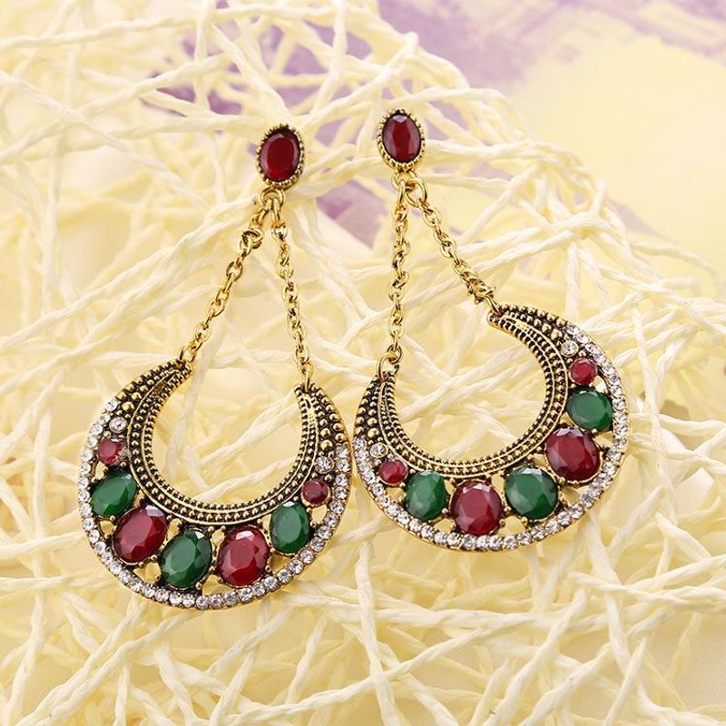 Fashion Exaggerated Color Alloy Does Not Fade With Rhinestone Crescent Resin Earrings Nhkq129065