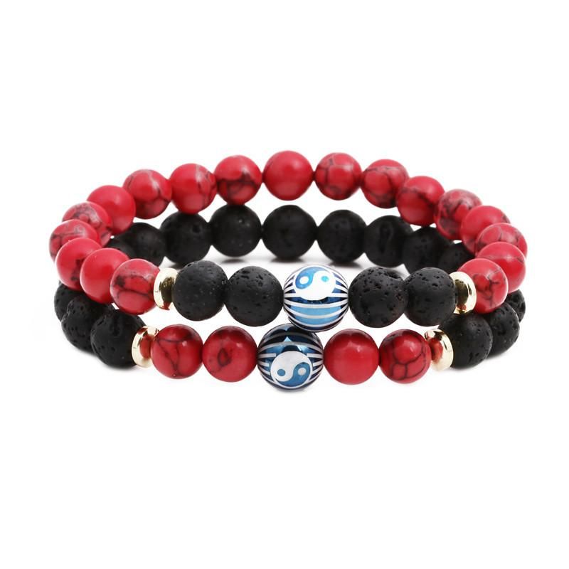 Grenz Überschreiten Der Schmuck  Yin Und Yang Bagua Vulkans Tein Armband Rote Türkis Perlen Armband Lava Bracelet