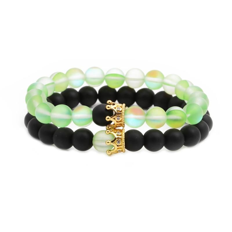 Europäischer Und Amerikanischer Schmuck Grün Gefrostete Mondstein Krone Armband Perlen Set Herren-und Damen Armband Crown Bracelet