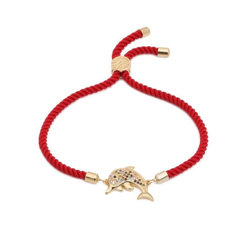 Coréenne Style Micro-incrusté Coloré Zircon Dauphin Méduses Réglable Bracelet Milan Rouge Ligne De Cuivre-plaqué Or Réglable Bracelet