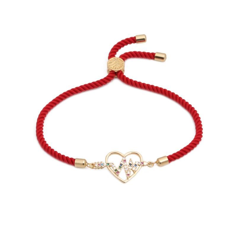Coréenne Style Micro-incrusté Coloré Zircon En Forme De Coeur Réglable Bracelet Milan Rouge Ligne De Cuivre-plaqué Or Double Anneau Réglable Bracelet
