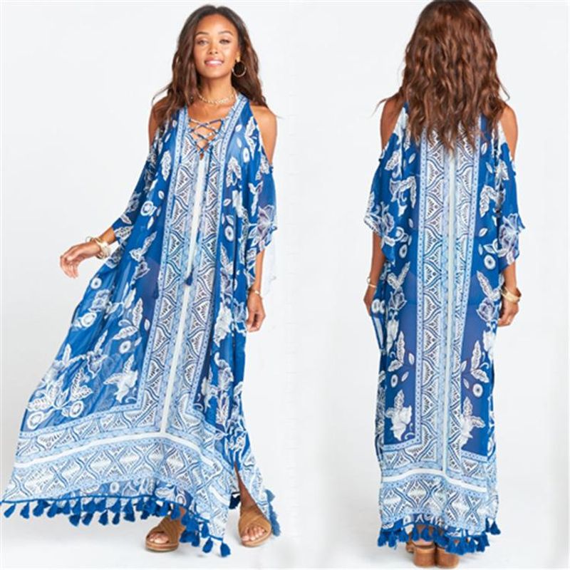 Chiffon Printed Beach Skirt Loose Large Size Off-the-shoulder Tassel Long Skirt Blouse Nhxw132655