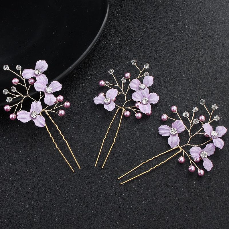 Purple Fabric Flower Beads Imitated Crystal Hairpin Nhhs133005