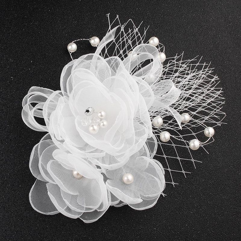 Europäische Und Amerikanische Braut Perle Blume Hand Gefertigte Stoff Kopf Blume Einfache Gaze Netz Blume Haarnadel Haarkamm Fotografie Foto Kopf Bedeckung
