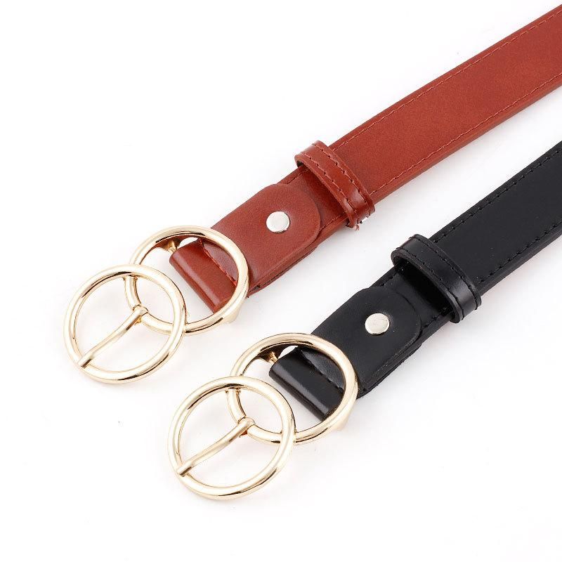 Fashion Woman Leather Metal Double Round Buckle Belt Strap For Dress Jeans Nhpo134146