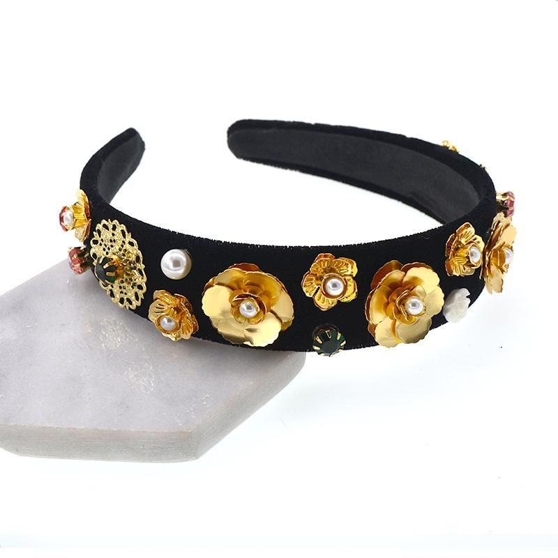Korean Version Of Rhinestone Flower Velvet Wide Ethnic Headband Nhnt134335