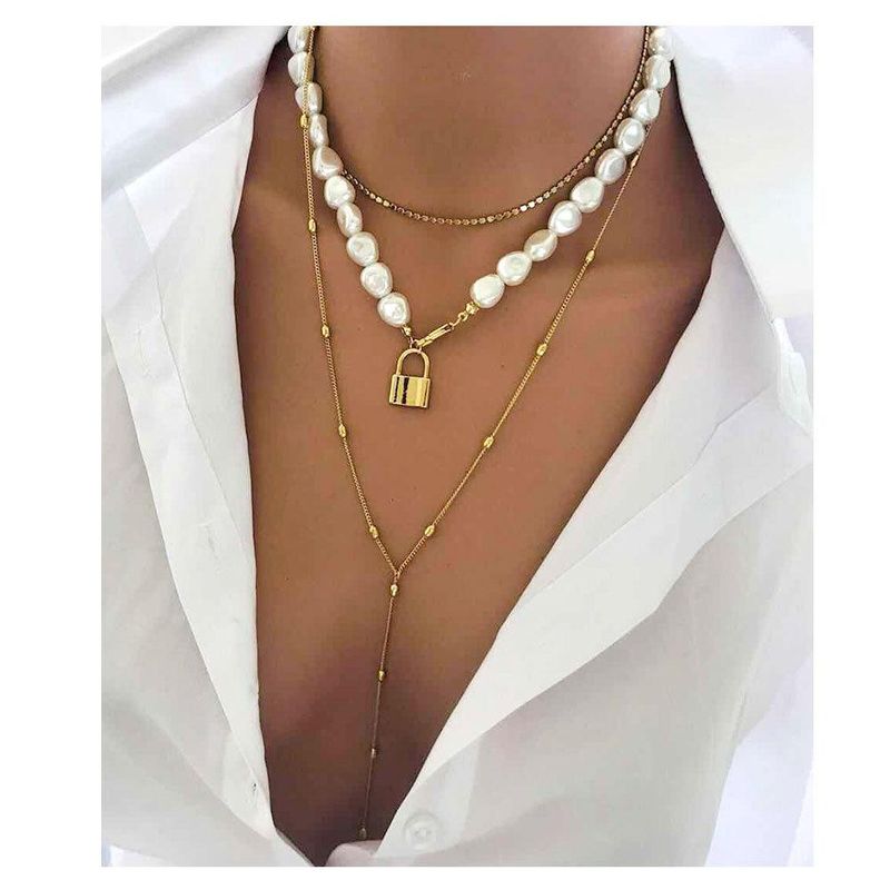 Simple Imitation Beads Clavicle Chain Long Neck Chain Lock Wild Necklace Nhct134386