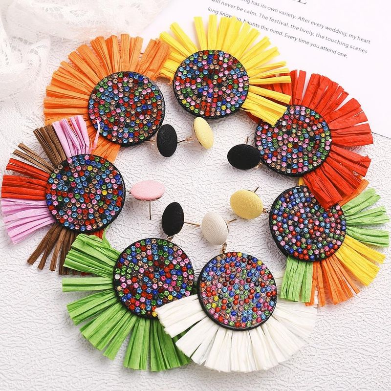 Creative Multicolor Round Inlaid Rhinestone Tassel Alloy Earrings Nhpj134506