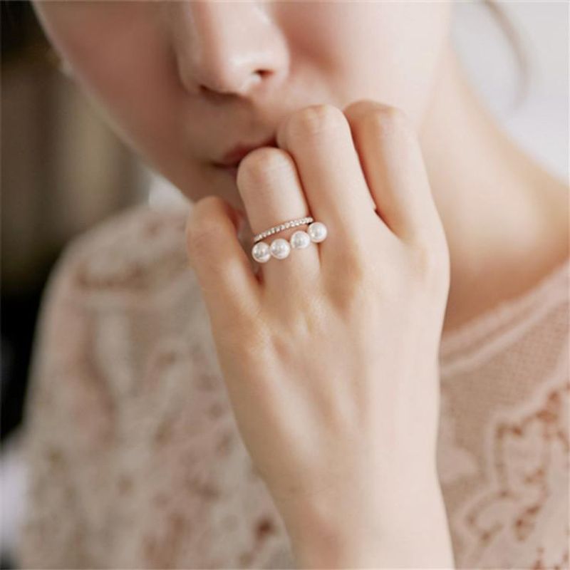 Korean Beads Rhinestone Double Layer Three-dimensional Ring Nhms135978