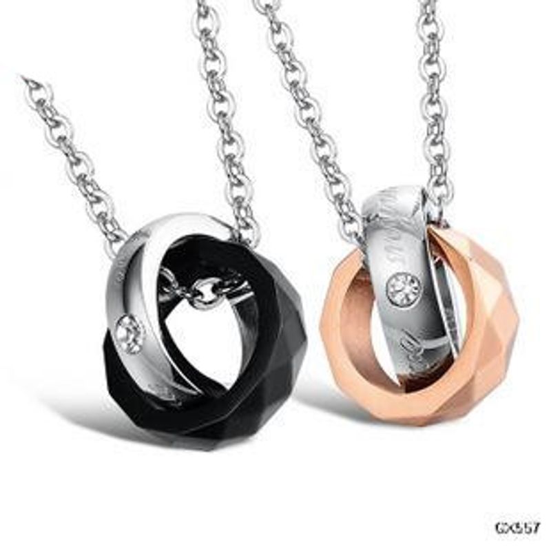 Fashion Double Ring Rhinestone Titanium Steel Couple Necklace Nhop137008