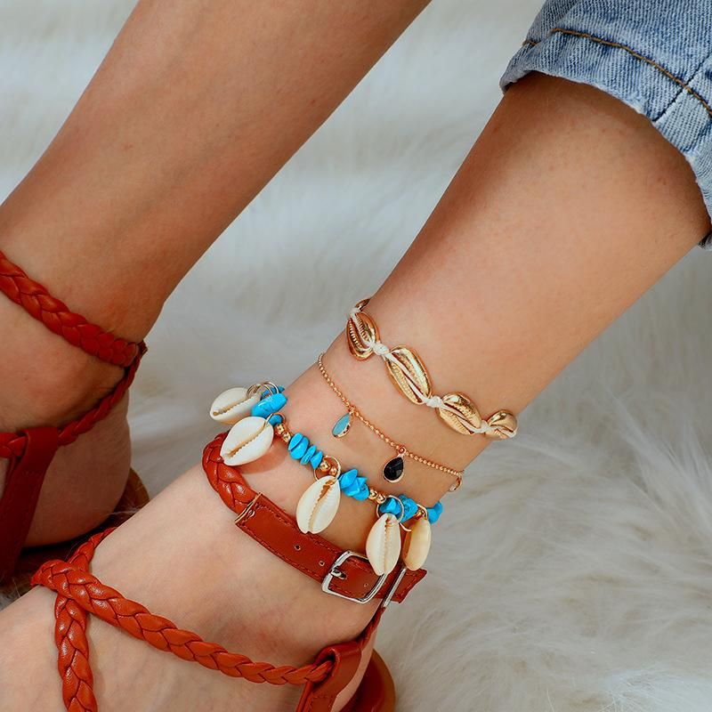 Fashion Rhinestone Drill Woven Cable Rope Turquoise Shell 3 Layer Anklet Bracelet Nhgy138155