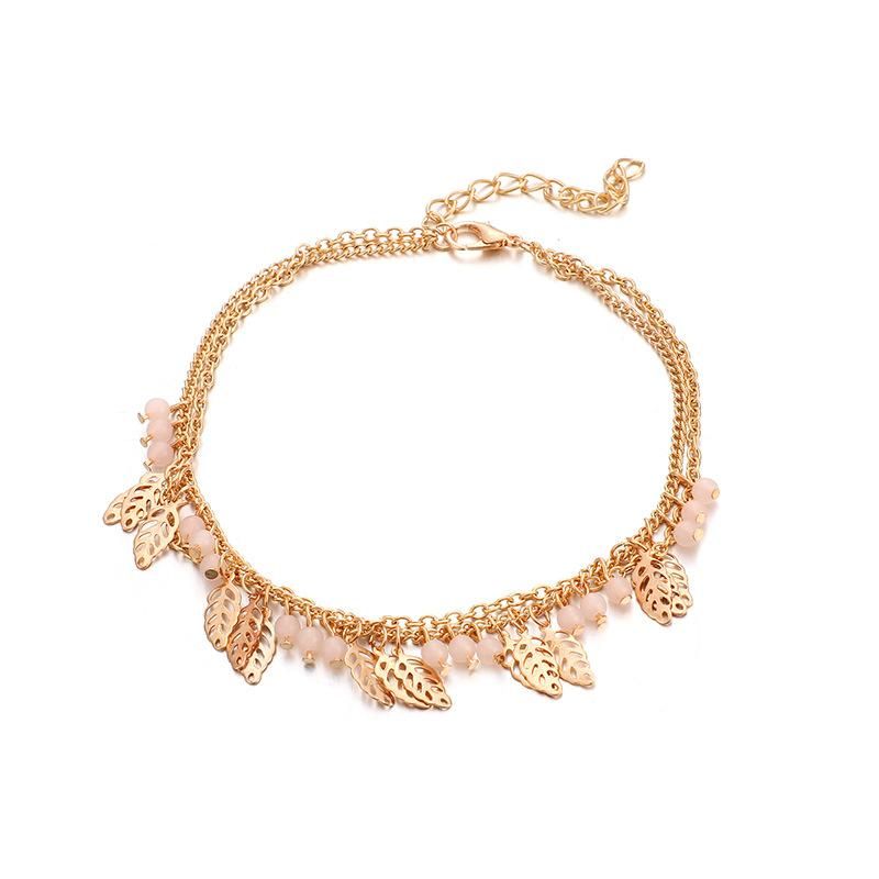 Fashion Rice Beads Hollow Leaf Alloy 2 Layer Anklet Bracelet Nhgy138272