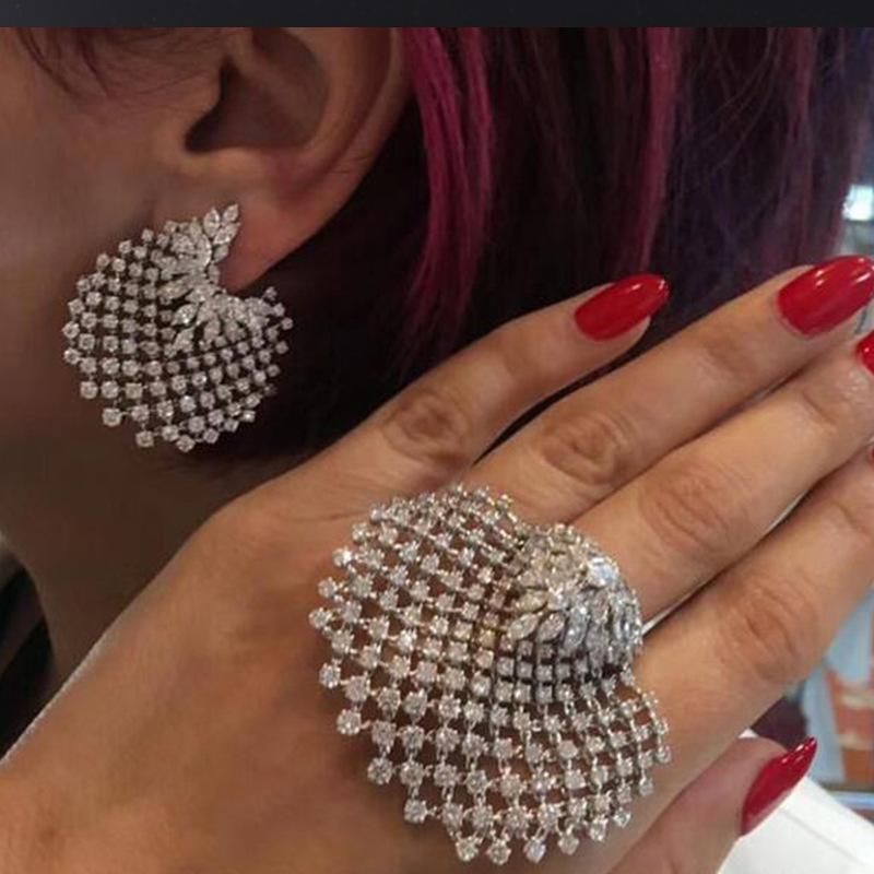 Barock Europa Und Amerika Übertriebenes Modeschmuck Set Mode All-match Voll Diamant Geometrische Ohrringe Ring Set Zubehör