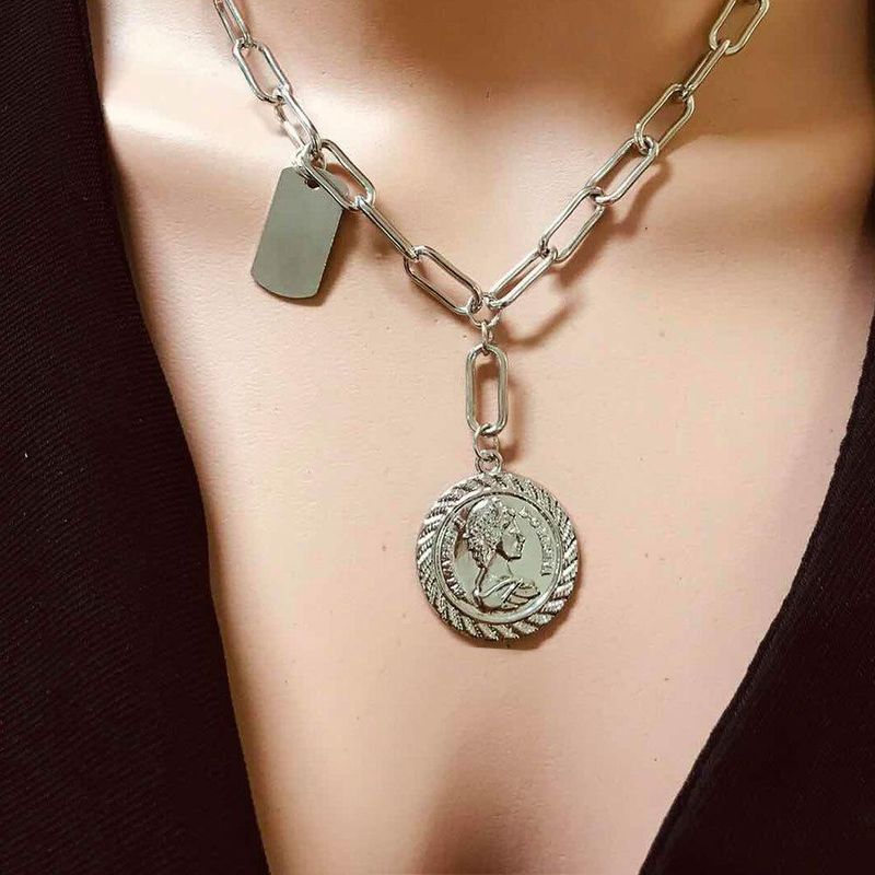 Retro Cross Buckle Alloy Portrait Coin Single Layer Wild Necklace Nhct131573