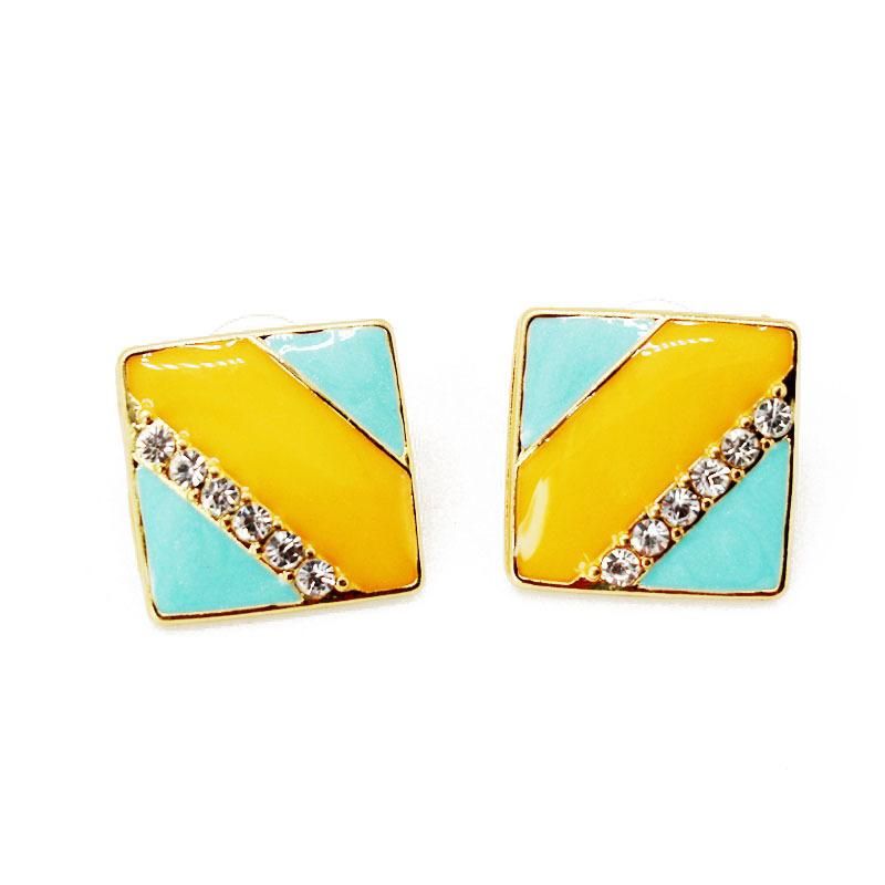Fashion Yellow Blue Striped Square Stripe Gemstone Rhinestone Stud Earrings Nhom131658