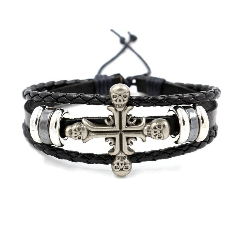 Pulsera De Cuero De Moda Con Cruz De Calavera. Nhhm132217