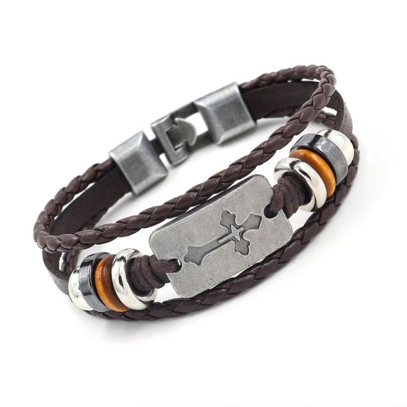 Punk Cross Beaded Leather Bracelet Nhhm132299