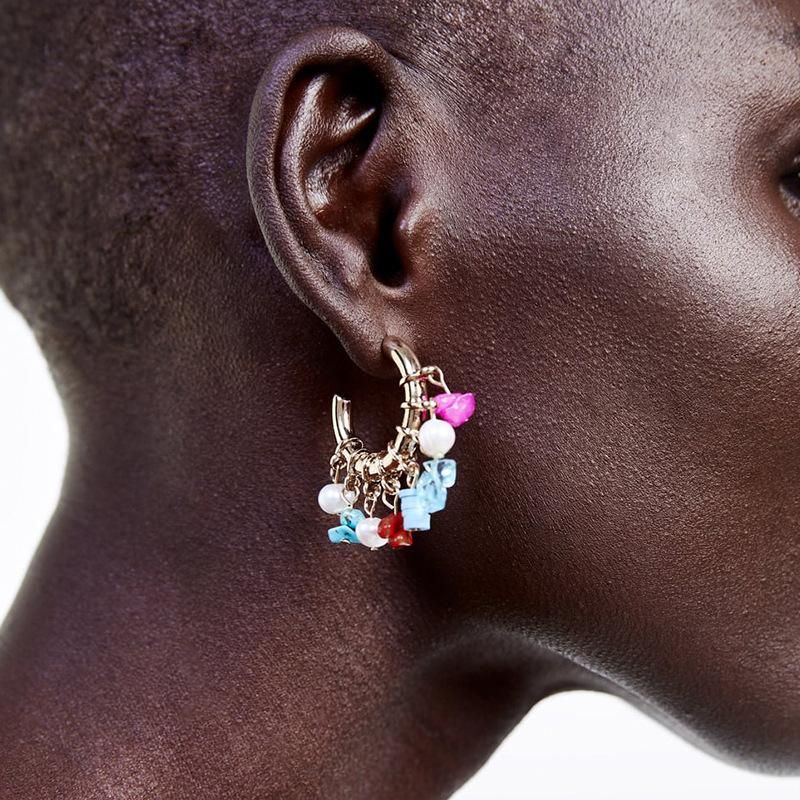 Europäische Und Amerikanische Grenz Überschreitende Neue Bunte Stein Ohrringe Za Mit Dem Gleichen Kreativen Retro-perlen Asymmetrische Ohrringe Frauen