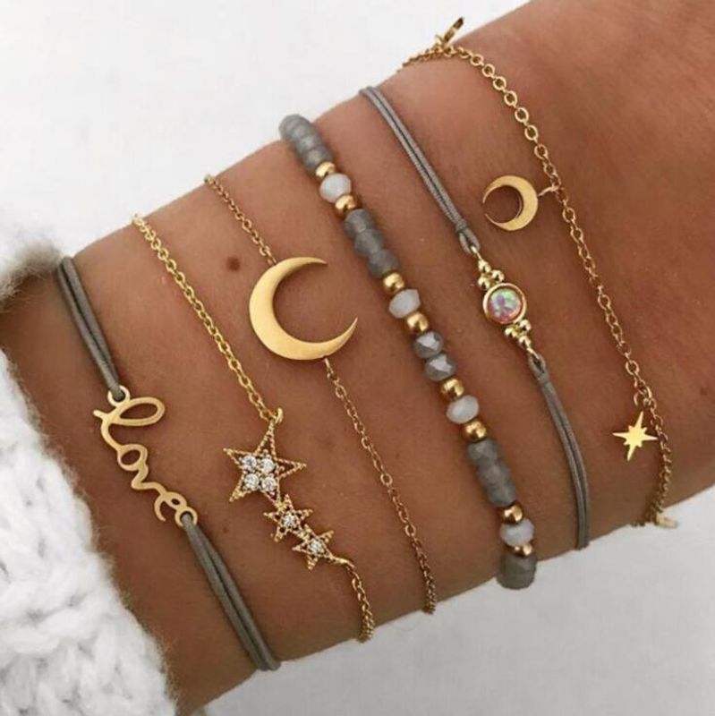 Europäische Und Amerikanische Grenz Überschreitende Neue Accessoires Mode Einfache Liebe Fünfzackige Stern Mond Kombination Sechsteiliges Armband Armband