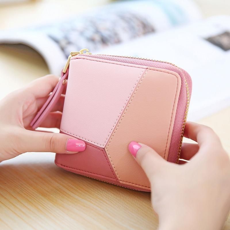 Brieftasche Damen Kurze Neue Koreanische Version Des Kontrastieren Den Quadratischen Einfachen Geometrischen Musters Zwei Faltbare Studenten Reiß Verschluss Brieftasche