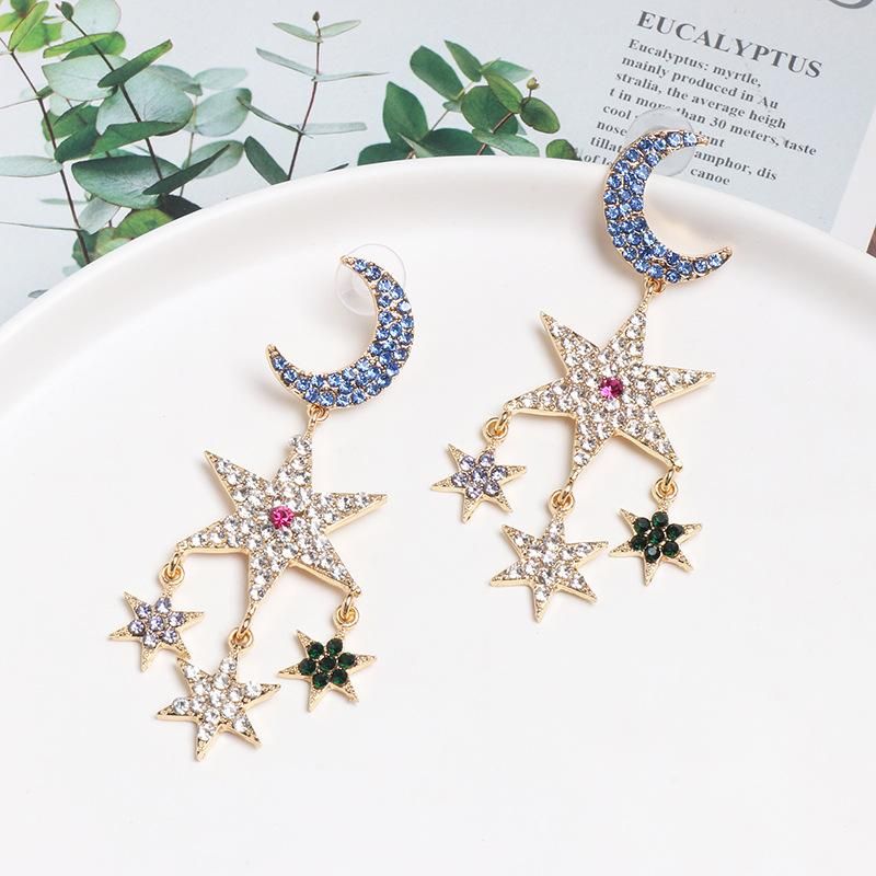 Fashion Alloy-encrusted Five-pointed Star Moon Tassel Earrings Nhjj142211
