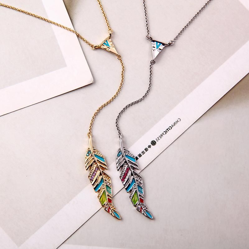 Simple Feather And Rhinestone Pendant Necklace Nhqd142407